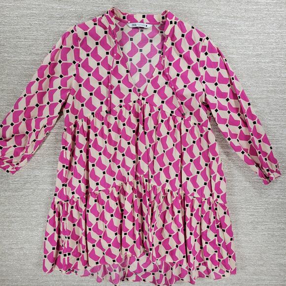 Zara Geometric Babydoll Dress Womens Medium Pink High Low Tunic Tiered Loose Fit - Picture 12 of 13